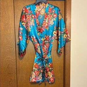 Floral Satin Kimono Robe - Blue